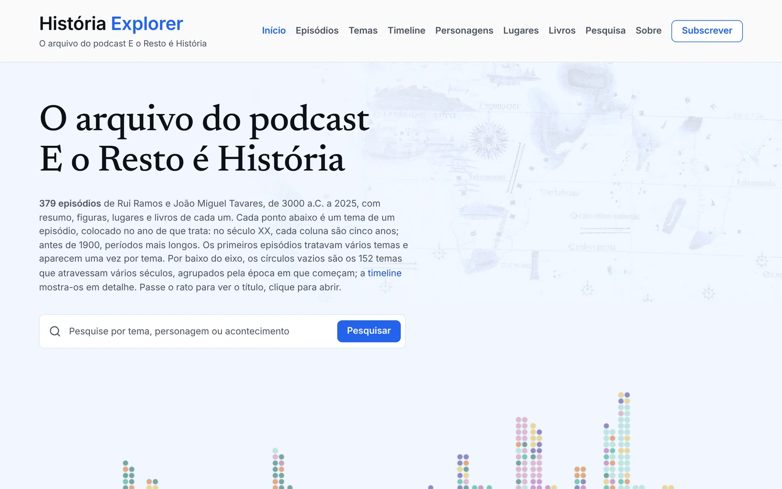 Página inicial do História Explorer, com a pesquisa e a timeline de episódios